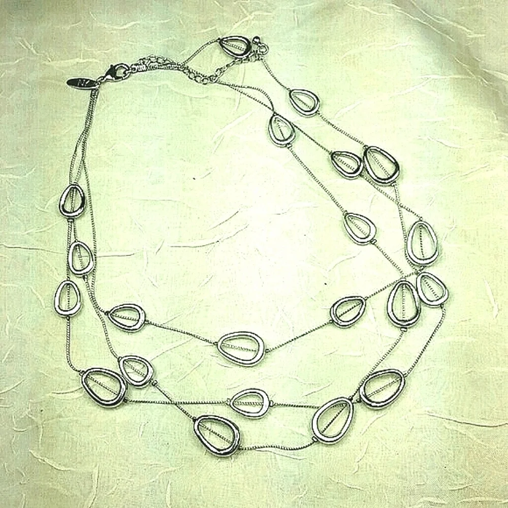 Trifari Necklace triple multi strand silver tone with random odd shaped oval